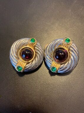 Vintage Two-Tone Round Statement Earrings with Garnet and Emerald Accents